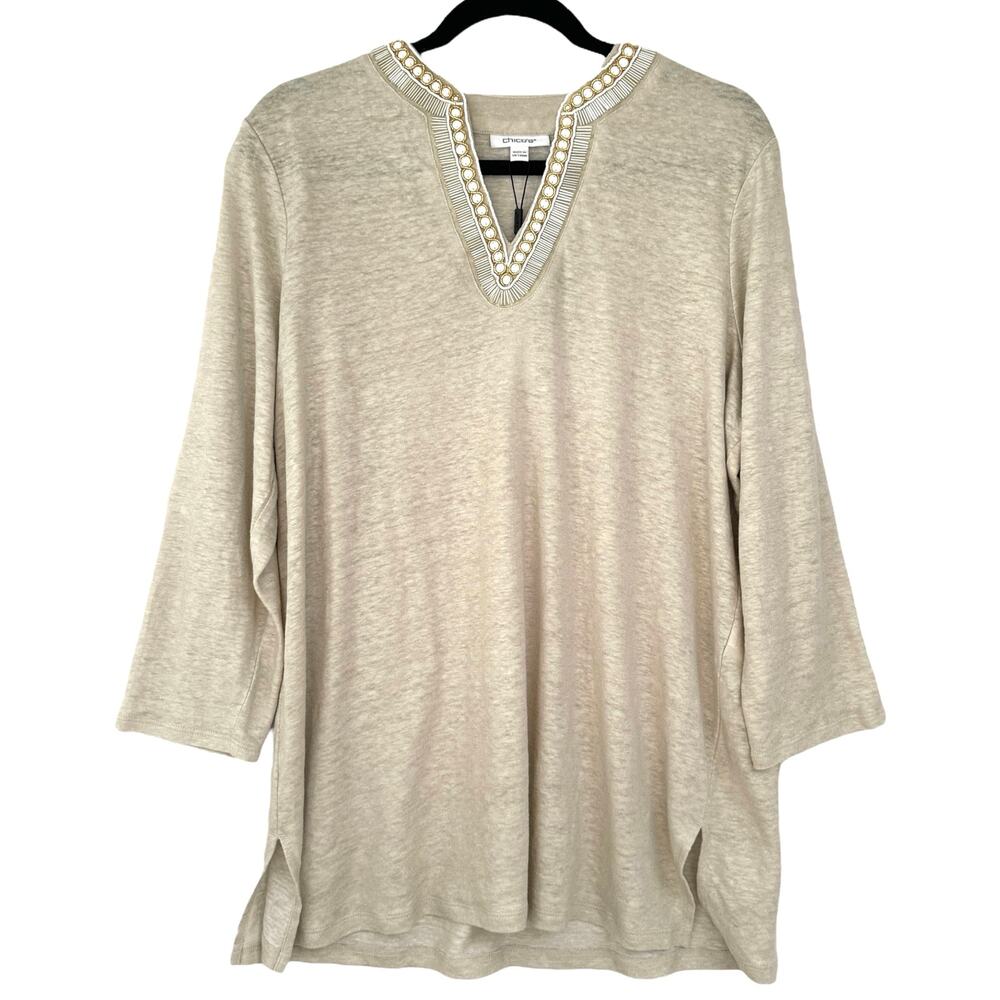 NWT Chico's LINEN Embellished Tunic Size 2 Large Shimmery beaded Resort Vacation
